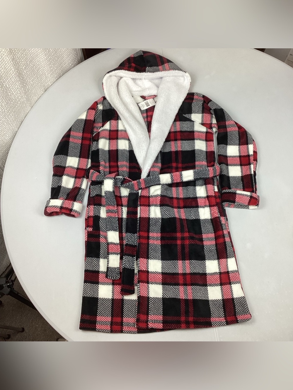 Vera Bradley Cozy Life Hooded Fleece Robe Plaid Sherpa Red Black White NWT S/M